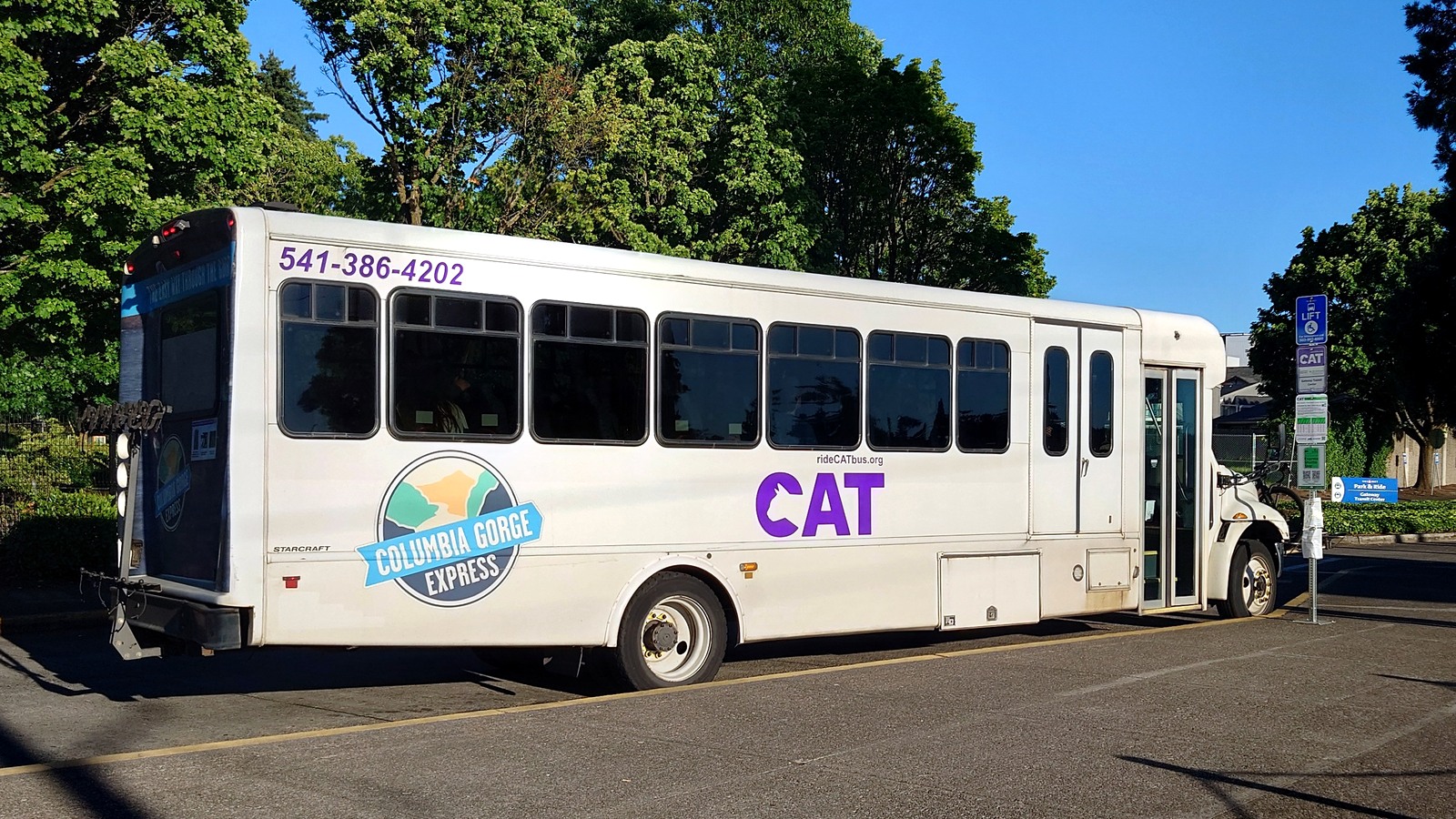 A Columbia Area Transit bus with Columbia Gorge Express branding parked at Gateway Transit Center.